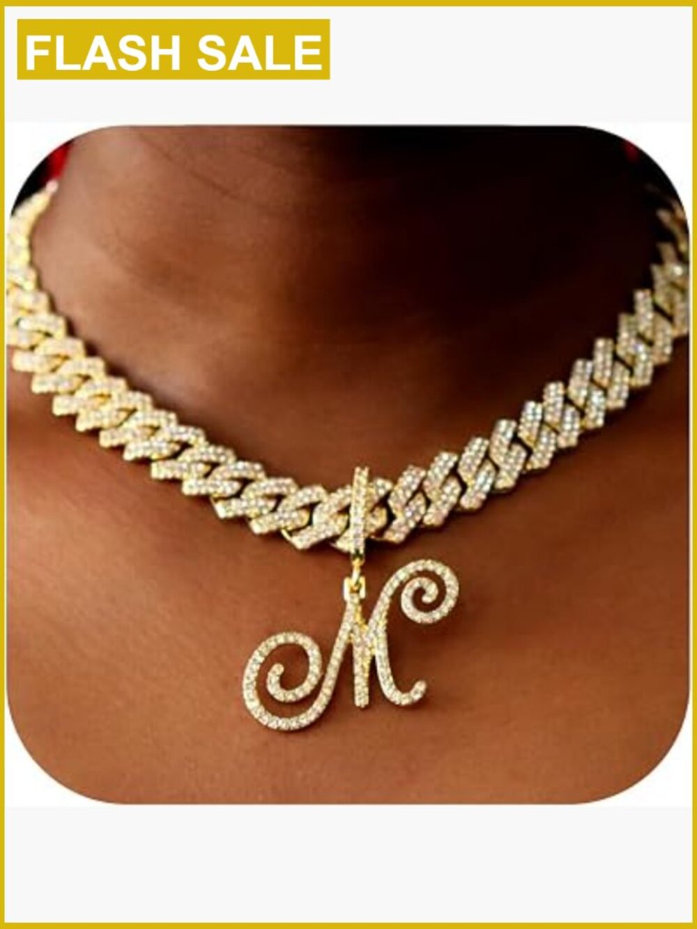 Cursive Initial Cuban Link Chain Necklace Iced Out Rhinestone Pendant